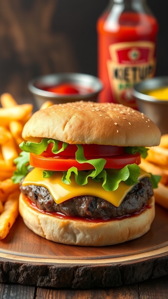 A juicy air fryer hamburger with lettuce, tomato, and cheese on a bun, served with fries.